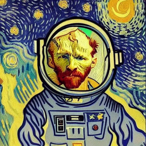 Image similar to Astronaut Lonely in the Galaxy - a painting by Van Gogh. very beautiful, HD detailed. Sad lighting, miserable emotions. The Astronaut is lost in the Galaxy.