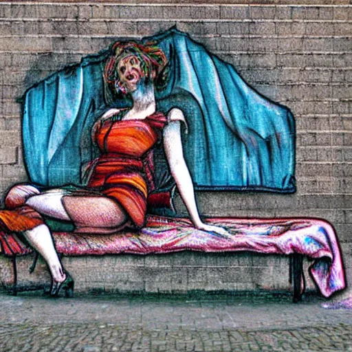 Image similar to by randolph caldecott chromatic aberration terrifying. a street art of a woman reclining on a bed.