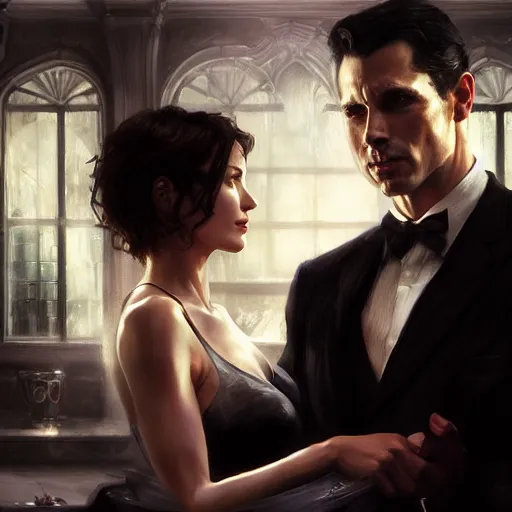 Prompt: daniel gerhartz and artgerm and wlop detailed portrait digital painting of a bruce wayne and selina kyle at a party in a mansion, mansion interior in the background, unreal engine, hyper realism, realistic shading, cinematic composition, blender render, octane render, hdr, detailed textures, photorealistic, 3 5 mm film