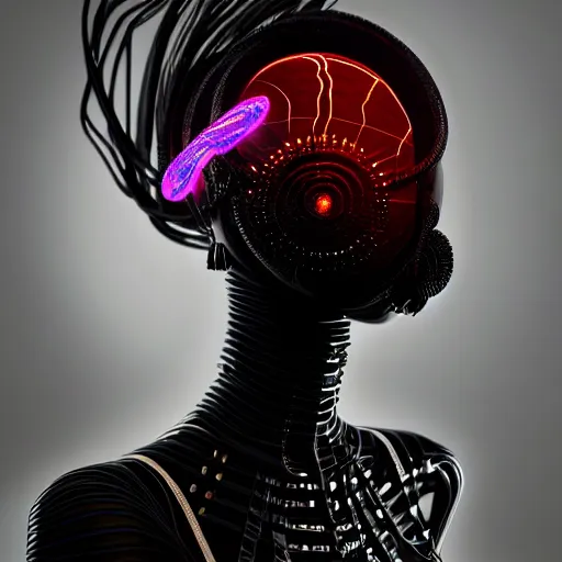 Image similar to portrait of an absurdly beautiful, graceful, sophisticated, fashionable black cyberpunk mechanoid gravure idol, hyperdetailed illustration by irakli nadar, adut akech, matt wisniewski style, intricate linework, dark black porcelain skin, jellyfish headdress, unreal engine 5 highly rendered, global illumination, red light, detailed and intricate environment