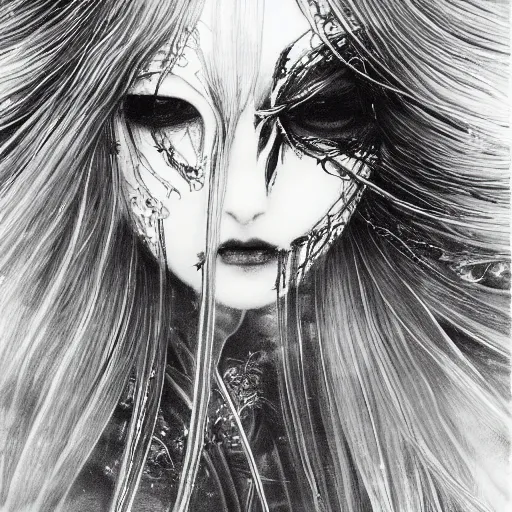 Image similar to Yoshitaka Amano blurred and dreamy illustration of an anime girl with wavy white hair fluttering in the wind and cracks on her face wearing elden ring armour with the cloak, abstract black and white patterns on the background, noisy film grain effect, highly detailed, Renaissance oil painting, weird portrait angle