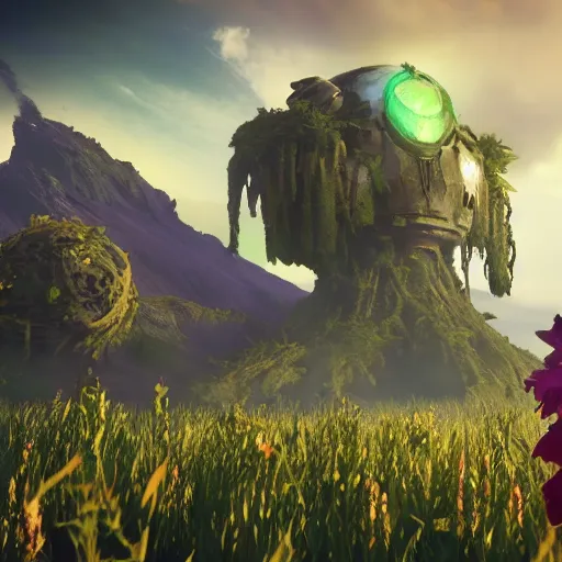Prompt: corrupted sentinel enjoying picking up flower on infested planet, fantasy art, 4 k, photorealistic, volumetric cinematic, no man's sky