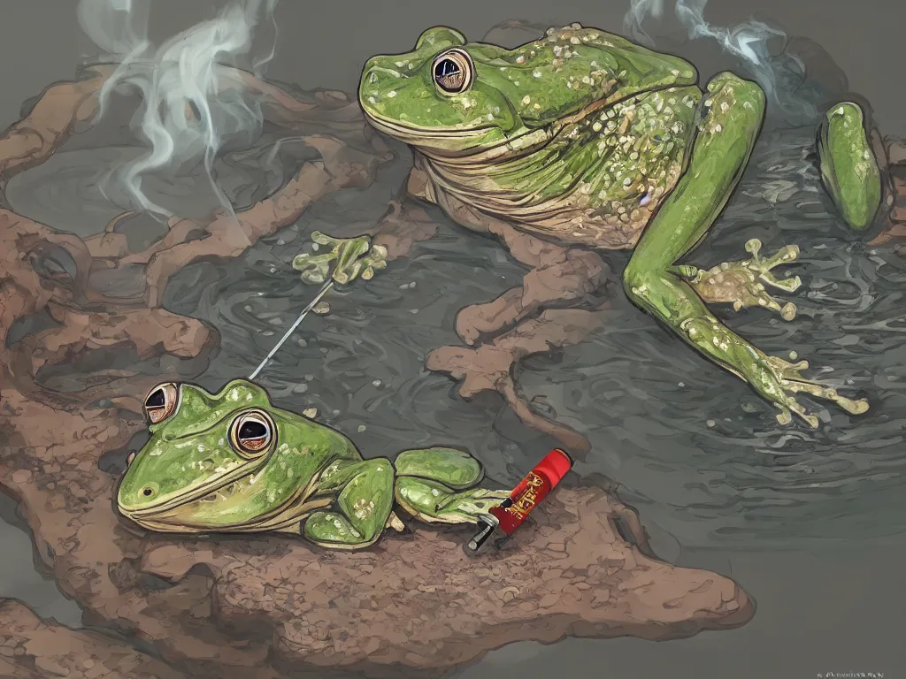 Prompt: a chinese frog in royal clothes bathing in a hot spring while smoking cigarette, digital painting, trending on artstation, deviantart, 8k, epic composition, intrinsic details, perfect coherence