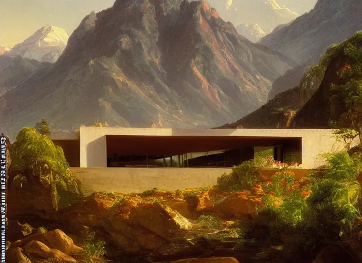 Image similar to painting of a john lautner house in front of beautiful mountains by thomas cole