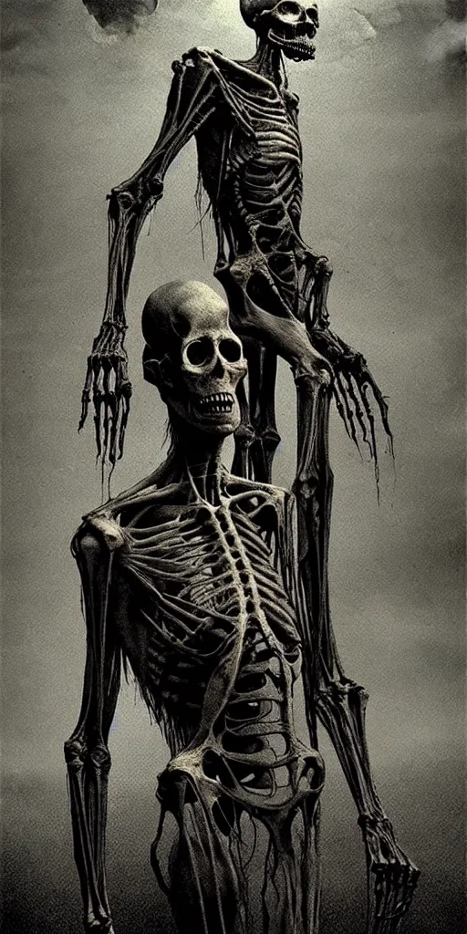 Prompt: illustration of 2 old siren for a head, full figure, tall humanoid skeletal creature, mummified flesh, highly detailed, cinematic atmosphere, dramatic lighting, horror, creepy, folklore, by Beksiński,