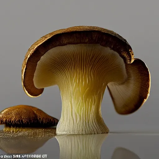 Image similar to mid-shot beautiful roud mushroom cap, luminous lamellae are clearly visible, no stipe, Giger, black background, hyper realism, epic composition