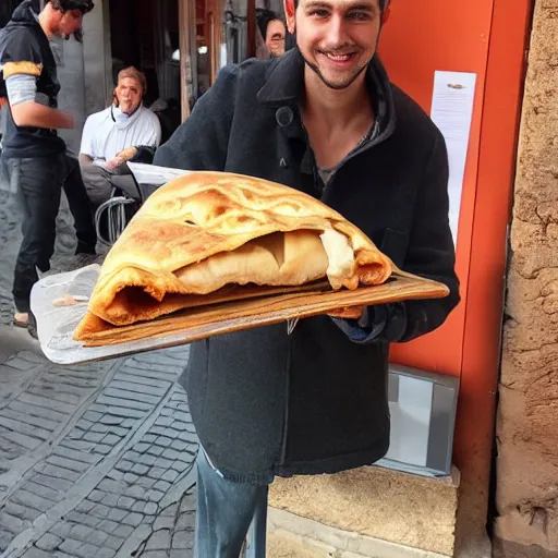 Prompt: A friendly looking maranza offering you a calzone in Rome