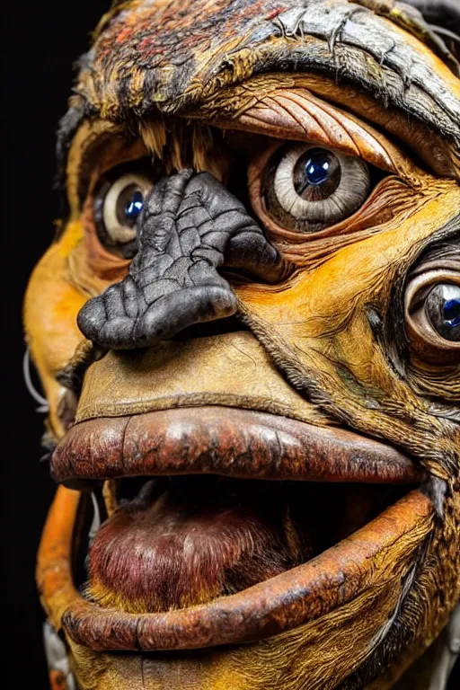 Image similar to photo taken of an epic intricate, ultra detailed, super realistic gritty, hero prop, exquisitely weathered animatronic movie prop of a lifelike sculpture of a huaorani ecuadorian amazon tribe creature displayed in the workshop, created by weta workshop, full body shot, photorealistic, sharp focus