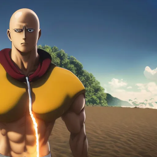 Image similar to onepunchman in sand beach, pixiv, instagram photo, 8 k, octane render, unreal engine 5, cinematic, full hd, ultra realistic, ultra detailed, 8 k 3 d