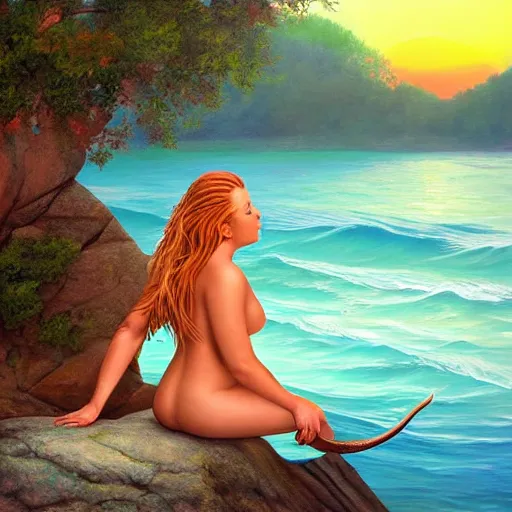 Prompt: a beautiful painting of a mermaid sits on a rock and stares at the island, sunset lighting, rim light, hyper realistic, 1 0 5 mm, amazing
