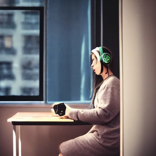 Prompt: girl wearing headphones sits at a desk in her bedroom studying 5 0 mm kodak, beautiful light thorough window in the style of lofi hiphop on youtube