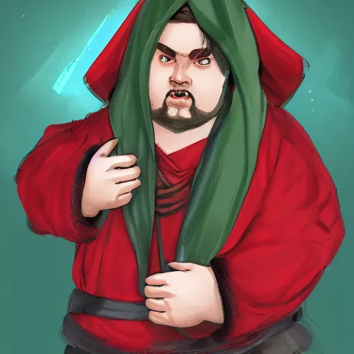 Image similar to portrait, 25 years old :: overweight fantasy mage :: ugly, green eyes, short black hair :: wearing a red brown robe, pointed hat :: high detail, digital art, RPG, concept art, illustration