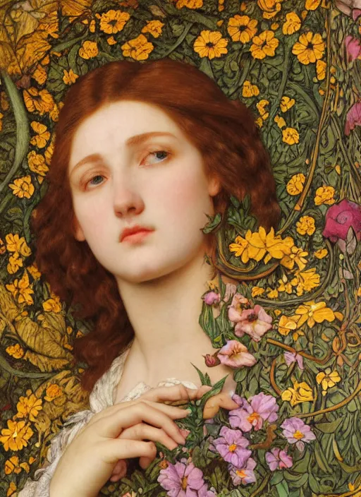 Image similar to masterpiece beautiful seductive flowing curves preraphaelite face portrait amongst flowers, extreme close up shot, straight bangs, thick set features, yellow ochre ornate medieval dress, laying amongst foliage mushroom forest circle arch, frederic leighton and kilian eng and rosetti and preraphaelites, william morris, 4 k
