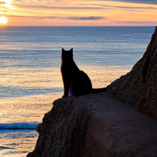 Image similar to a cat watching a sunset over the ocean from the edge of a cliff, dslr photo, camera from behind