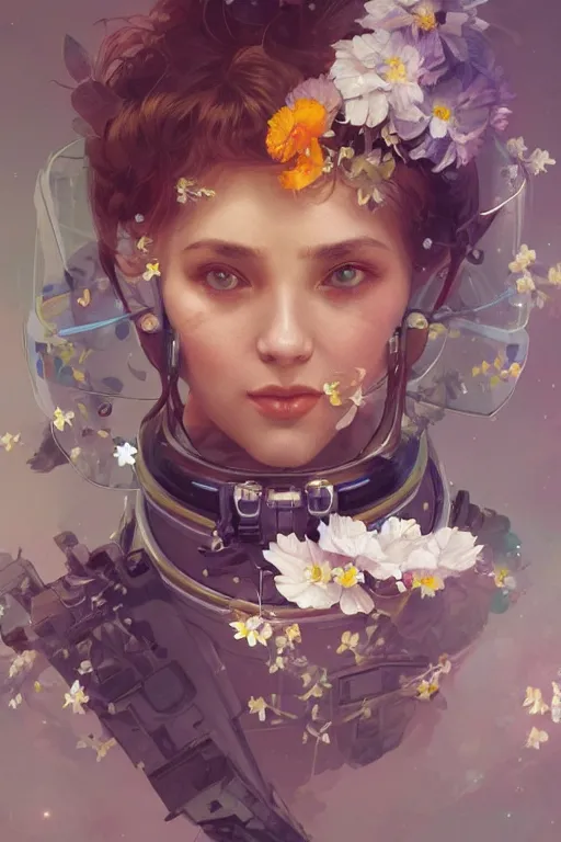 Image similar to ultra realistic illustration, astronaut in space with flowers blossoming from helmet, elegant, highly detailed, digital painting, concept art, smooth, sharp focus, illustration, art by artgerm and greg rutkowski and alphonse mucha