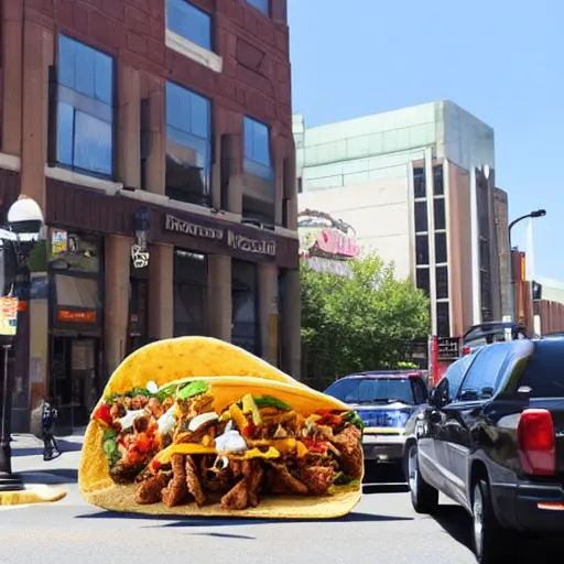 Prompt: a taco monster the size of a car causing chaos downtown