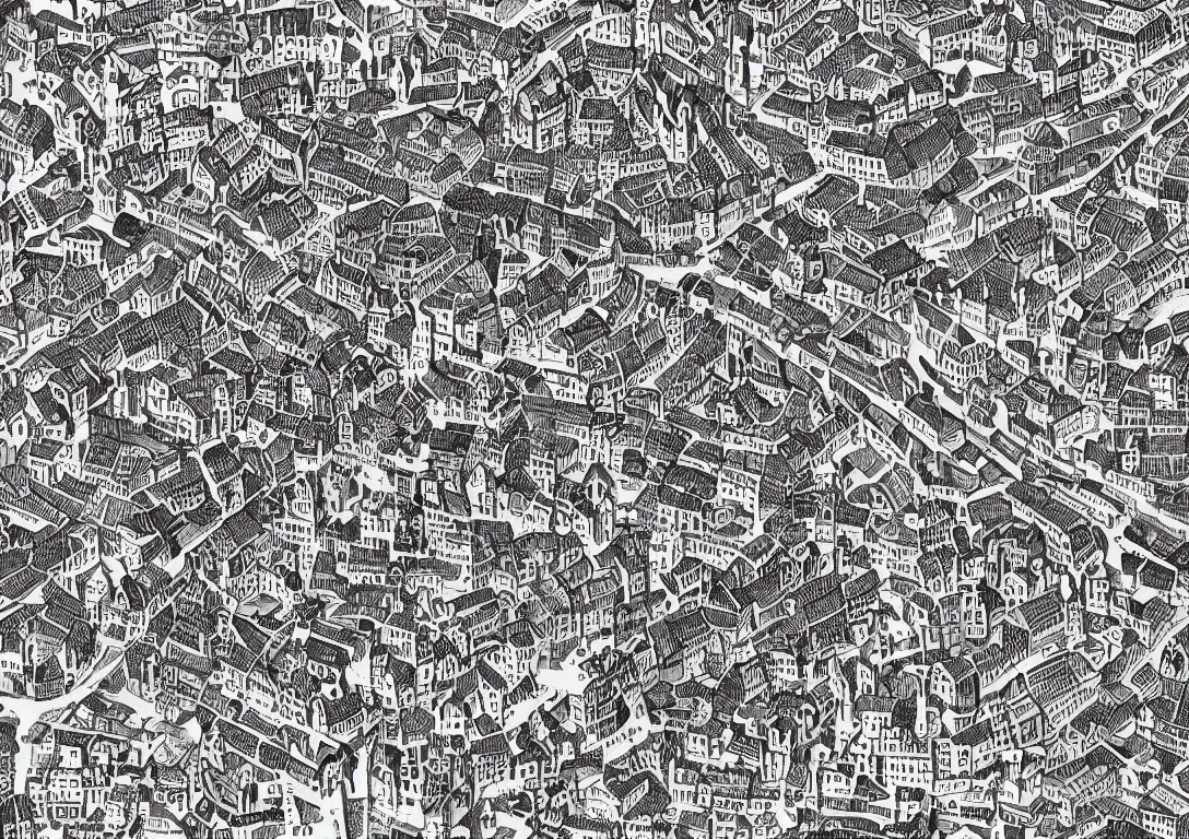 Prompt: wallpaper medieval city tourist map twisty streets, towers, city walls, d & d, engraving, isometric view, port, market, castle, cartoony, b & w