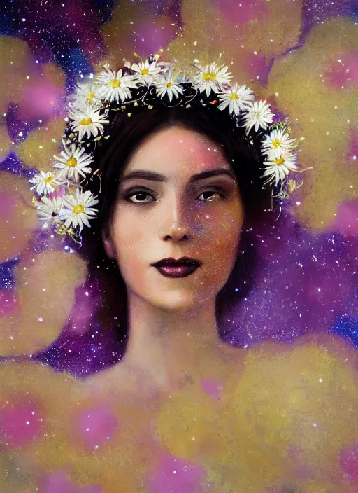 Image similar to portrait, close-up of a smiling beautiful female, blonde,, wearing a crown of daisies, beautiful happy face, ethereal, starry, space, magical atmosphere, maximalist, cinematic lighting, cinematic atmosphere, trending on artstation, cgsociety, 8k, high resolution, in the style of Faiza Maghni, David Ligare, Flora Borsi, Daniel Gerhartz, watercolor, dramatic lighting, cinematic, establishing shot, extremely high detail, foto realistic, cinematic lighting, pen and ink, intricate line drawings, by Yoshitaka Amano, Ruan Jia, Kentaro Miura, Artgerm, post processed, concept art, artstation, matte painting, style by eddie mendoza, raphael lacoste, alex ross