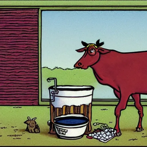 Image similar to far side comic strip, gary larson, a cow points at a bucket, illustration