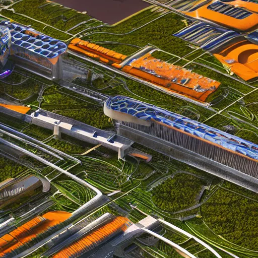 Prompt: a detailed view of a futuristic city in a grass field, in sunny weather, scenery, heavy traffic, rendered with octane, view from above, orange color scheme, photorealistic