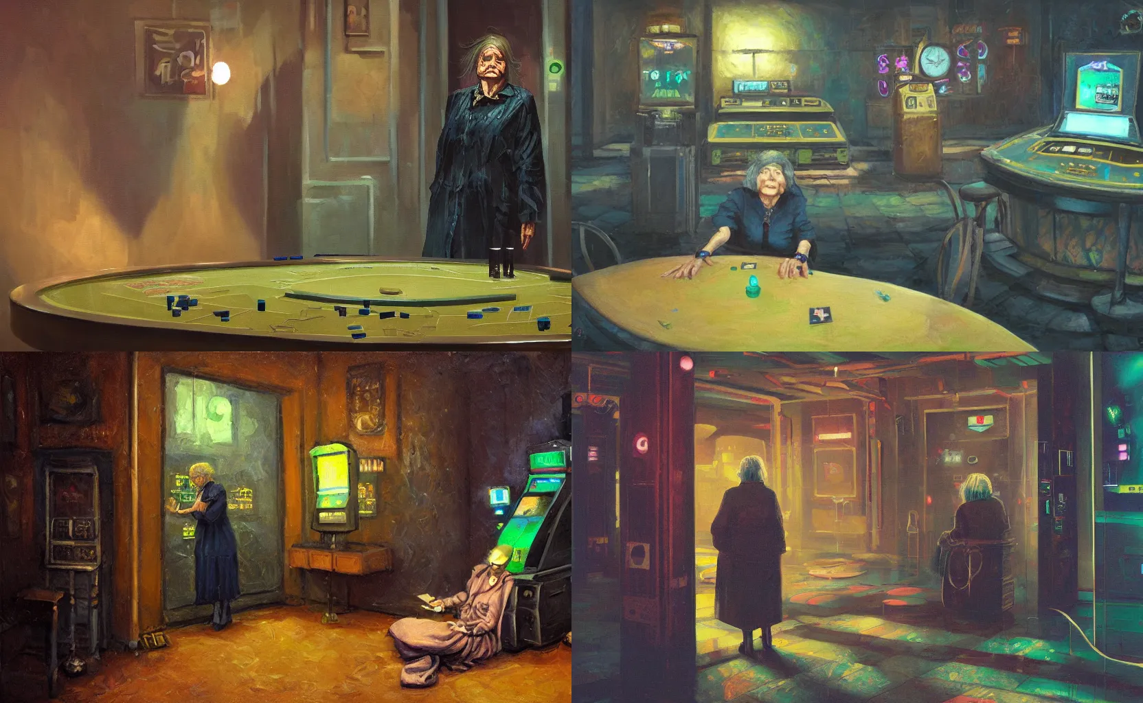 Prompt: an oil painting of a depressed old lady standing in the middle of a 3D cyberpunk liminal space casino