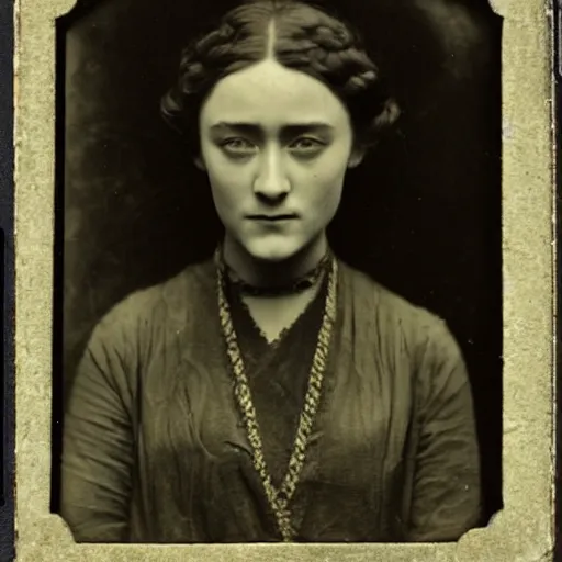 Image similar to Tintype photograph of Saoirse Ronan as a Irish ethnographic subject. 1920s studio lighting.