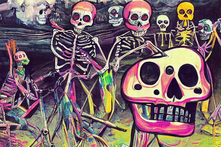 Image similar to scene from surfing, day of the dead, cyber skeleton, neon painting by otto dix