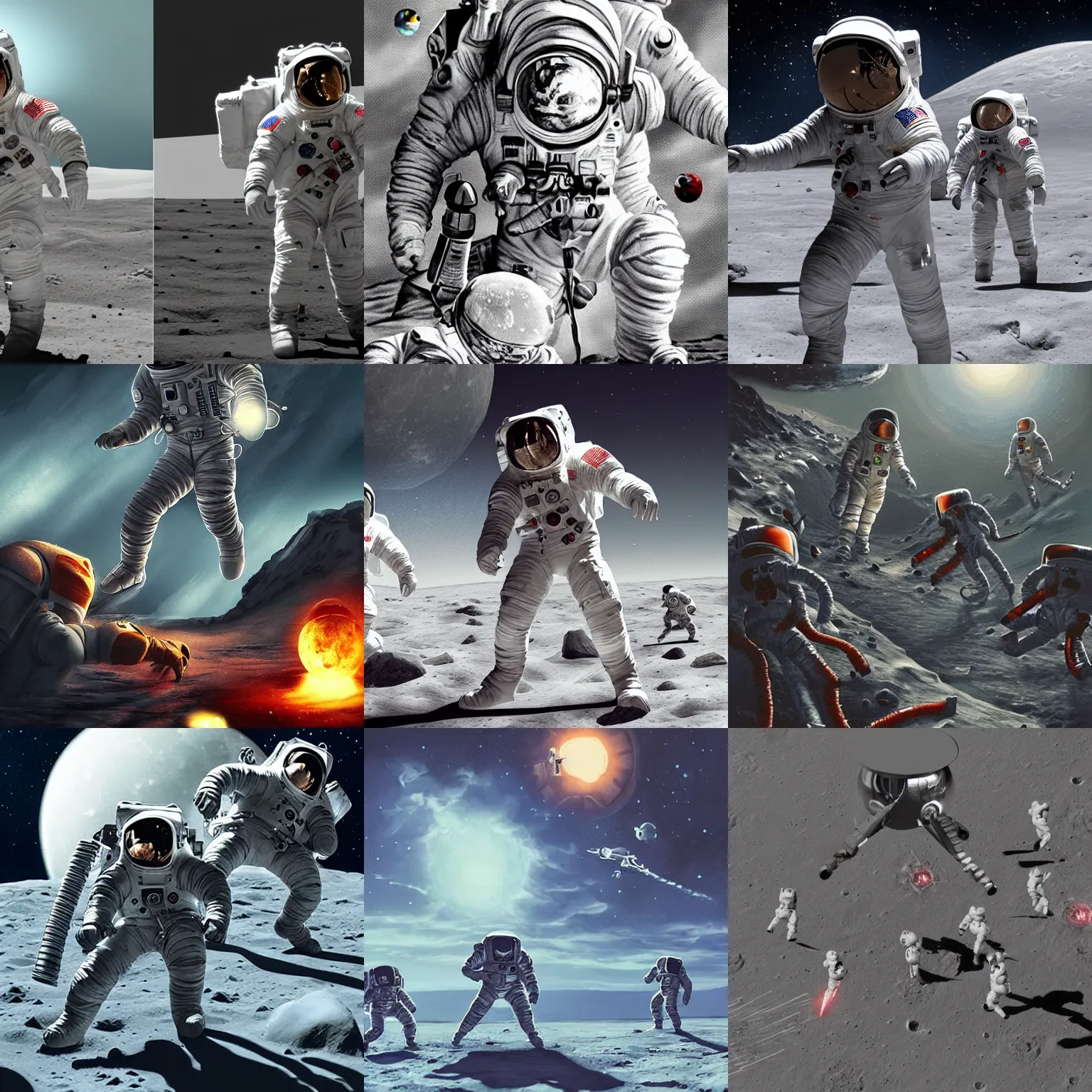 Prompt: astronauts fighting aliens on the moon, trending on artstation, horror, science fiction