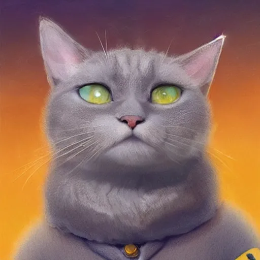 Image similar to head and shoulders masterpiece portrait of a cute adorable gray cat wearing a yellow spacesuit, surreal background, digital art by krenz cushart, trending on artstation, cgsociety,