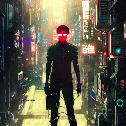 Prompt: a japanese cyberpunk android hacker, wide shot, finely detailed features, cyborg robot parts with glowing lights!, dramatic cinematic, night, at cyberpunk city, ghost in the shell, akira, noir, painted by greg rutkowski makoto shinkai takashi takeuchi craig mullins, alphonse mucha, studio ghibli, pixiv