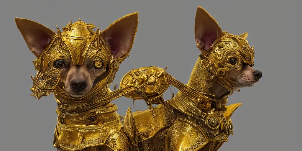 Image similar to humanoid Chihuahua pinscher mix in golden ornamented armor, ears, white particles, dark souls style, Fantasy Style, cinematic light, 35mm camera lens, with ZBrush, by Zdzislaw Beksinski