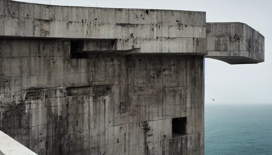 Image similar to coastal perched on a cliff overlooking a magnificient bay, bond villain base, brutalist imperial military base, drawing architecture, imperial architecture in rogue one, pritzker architecture prize, brutalism architecture, jan urschel, greig fraser