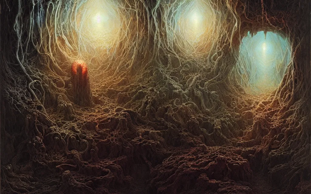 Image similar to the final realm, a portal to the underworld, mystic art, detailed painting by greg rutkowski and gustave dore and zdzisław beksinski, intricate detail
