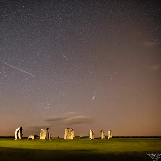 Image similar to a high - quality photo of the perseid meteor shower over stonehenge, long exposure, iso 1 6 0 0, astrophotography, f 2. 8