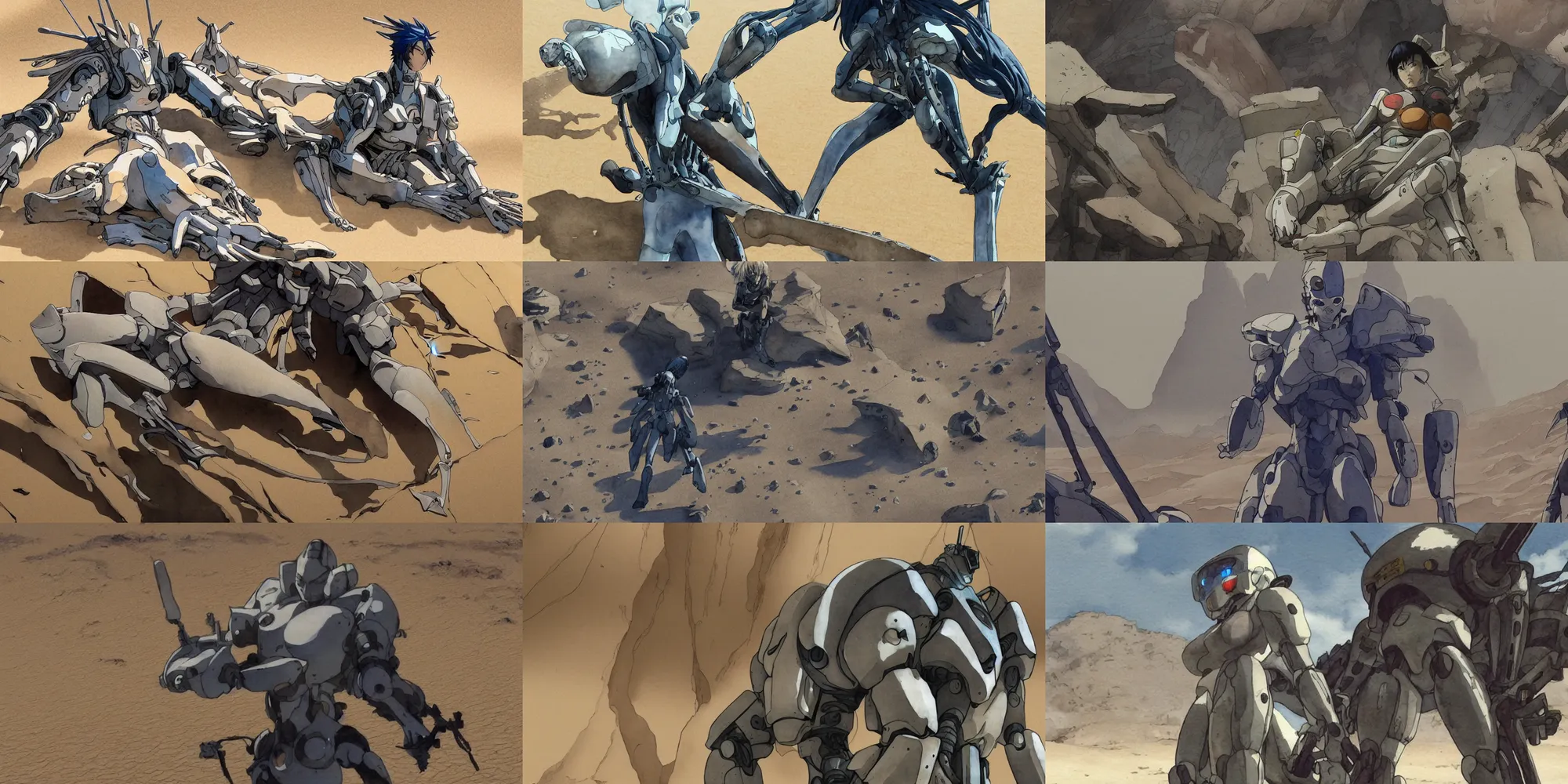 Prompt: incredible screenshot, simple watercolor, masamune shirow ghost in the shell movie scene close up broken Kusanagi, Giant robot head, giant robot bones, spine and ribs in the desert sand dunes, in the desert, crazy looking rocks, deep chasm, rock climbing , nausicaa, cracks, brown mud, dust, take cover, bullet holes,, memorable scene, red, blue, orange, cool hair, odd pipes, metallic reflections, refraction, bounce light, phil hale, Yoji Shinkawa, bright rim light, hd, 4k, remaster, dynamic camera angle, deep 3 point perspective, fish eye, dynamic scene