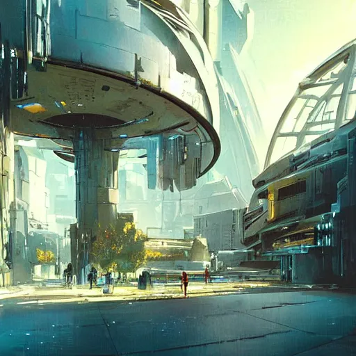 Prompt: circular derelict portal in a middle of a futuristic cityscape, world with trees seen through a portal, daylight, cinematic perspective, cinematic lighting, blue sky, syd mead, john harris