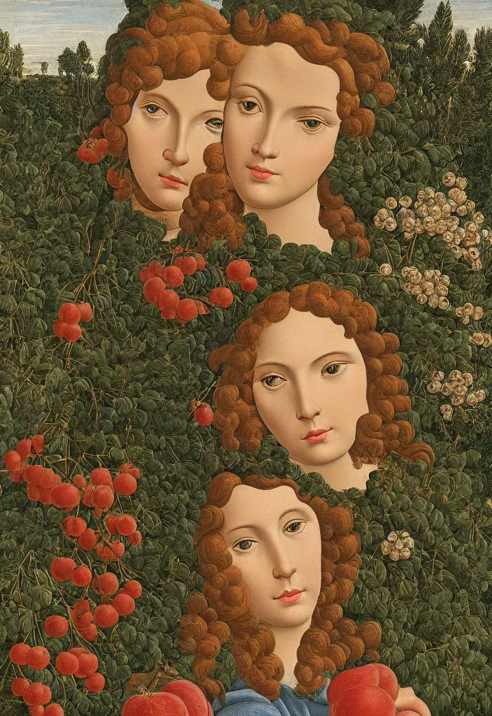 Image similar to men and women, closeup portrait, garden with fruits, ultra detailed, Botticelli style