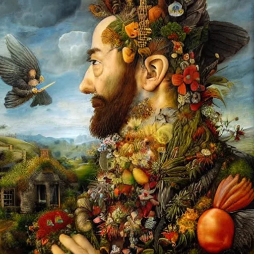 Prompt: an oil painting by giuseppe arcimboldo and ross tran of a rugged nature god with majestic angel wings standing in front of a beautiful cottage designed by thomas kincade