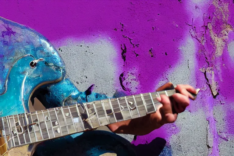 Prompt: dripping purple faded paint across the shape of a human playing guitar, realistic, extremely detailed, coming out of the mystical wall