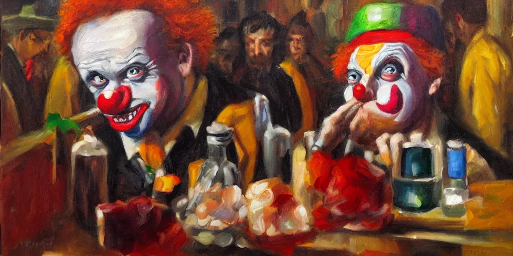 Prompt: sad drunken clown, crowded bar, asymmetric!!!, oil paint, intricate