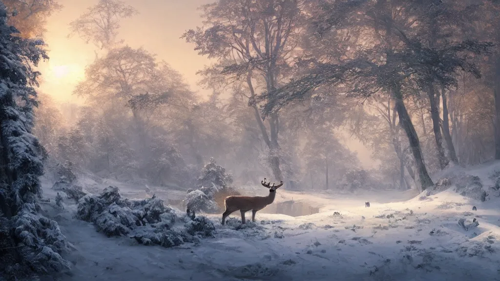 Image similar to the most beautiful panoramic landscape, oil painting, where a giant dreamy waterfall is frozen, the trees around have snow over their leafs, a majestic deer is in close - up and is exhaling steam, the ray lights of the sunrise are brightening him, by greg rutkowski