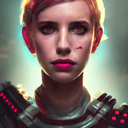 Prompt: emma roberts portrait, dystopia core, apocalyptic, armor, warrior, dramatic, sharp focus, fiction, neon, fantasy, hyper detailed, digital art, trending in artstation, cinematic lighting, studio quality, smooth render, unreal engine 5 rendered, octane rendered, art style and nixeu and wlop and krenz cushart