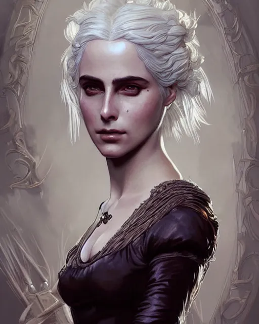 Image similar to Pre-Raphaelite Ciri from Witcher 3 by Artgerm and Greg Rutkowski, wearing haute couture by schiaparelli, sharp focus, sun rays, intricate, elegant, highly detailed, digital painting, masterpiece.