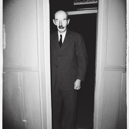 Prompt: grainy photo of clement atlee as a creepy monster in a closet, harsh flash