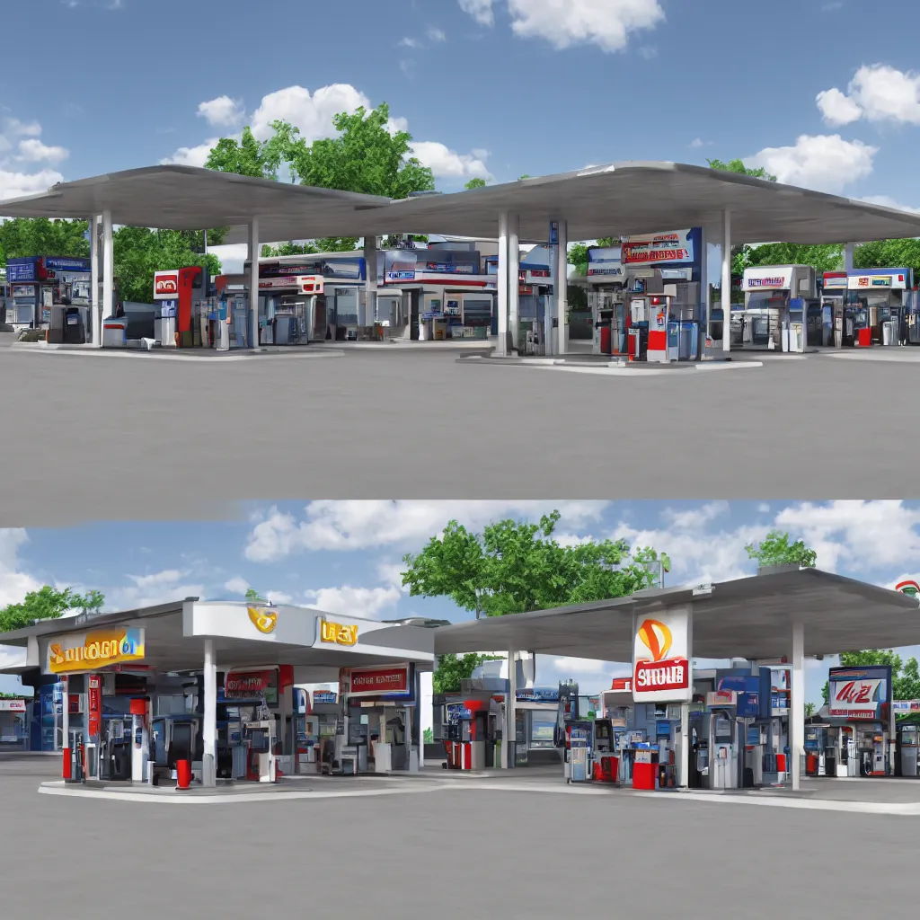 Prompt: hyper realistic 3 d rendering of studio shot of gas station isolated on white background, hd, hdr, ultra detailed, high resolution