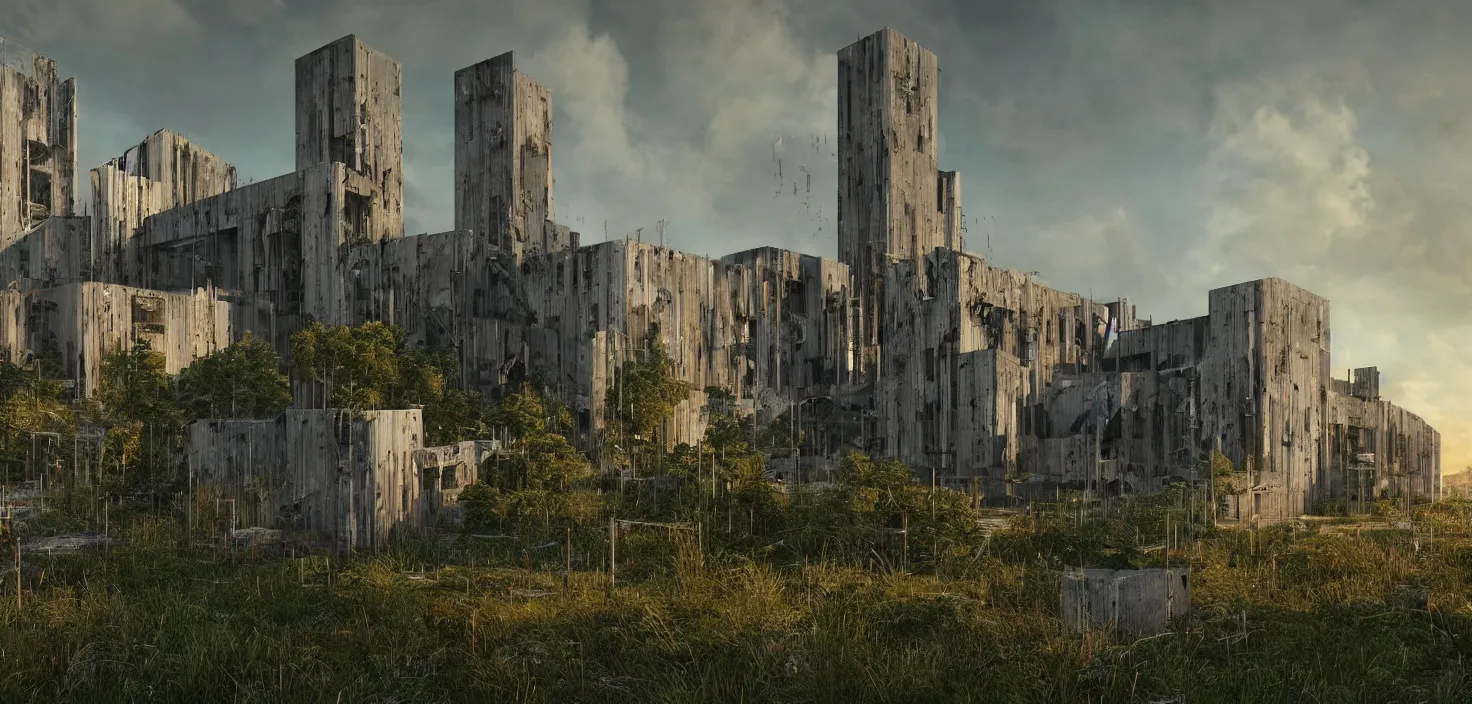 Image similar to an extremely detailed cathedral of brutalist architecture, surrounded by lush green vegetation, stunning volumetric lighting, sunset, rusted metal, concrete, translucent material, stunning skies, scattered rubbish and debris, 8k, photorealistic, hyper detailed, unreal engine 5, IMAX quality, cinematic, epic lighting, digital painting in the style of DOOM and Quake, by Greg Rutkowski, trending on Artstation