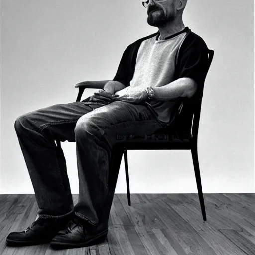 Image similar to walter white face sitting on chair photo by annie leibovitz 8 0 mm lens bokeh