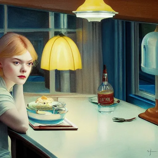 Prompt: Elle Fanning alone in a diner in the world of Edward Hopper, stormy weather, extremely detailed masterpiece, oil on canvas, low-key neon lighting, artstation, Blade Runner 2049, Roger Deakin’s cinematography, by J. C. Leyendecker and Peter Paul Rubens,