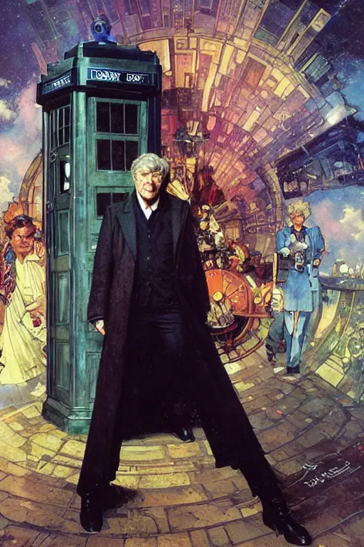 Prompt: The Third Doctor standing next to the TARDIS, portrait by Stanley Artgerm Lau, greg rutkowski, thomas kindkade, alphonse mucha, loish, norman Rockwell