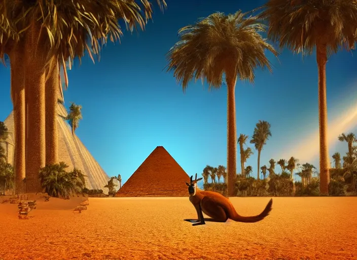 Image similar to a kangaroo sitting outside of an ancient egyptian pyramid, tropical palm trees and eucalyptus trees everywhere, rocky desert cliffs in background, sunset, sunrays, cinematic lighting, ancient egyptian architecture buildings, artstation